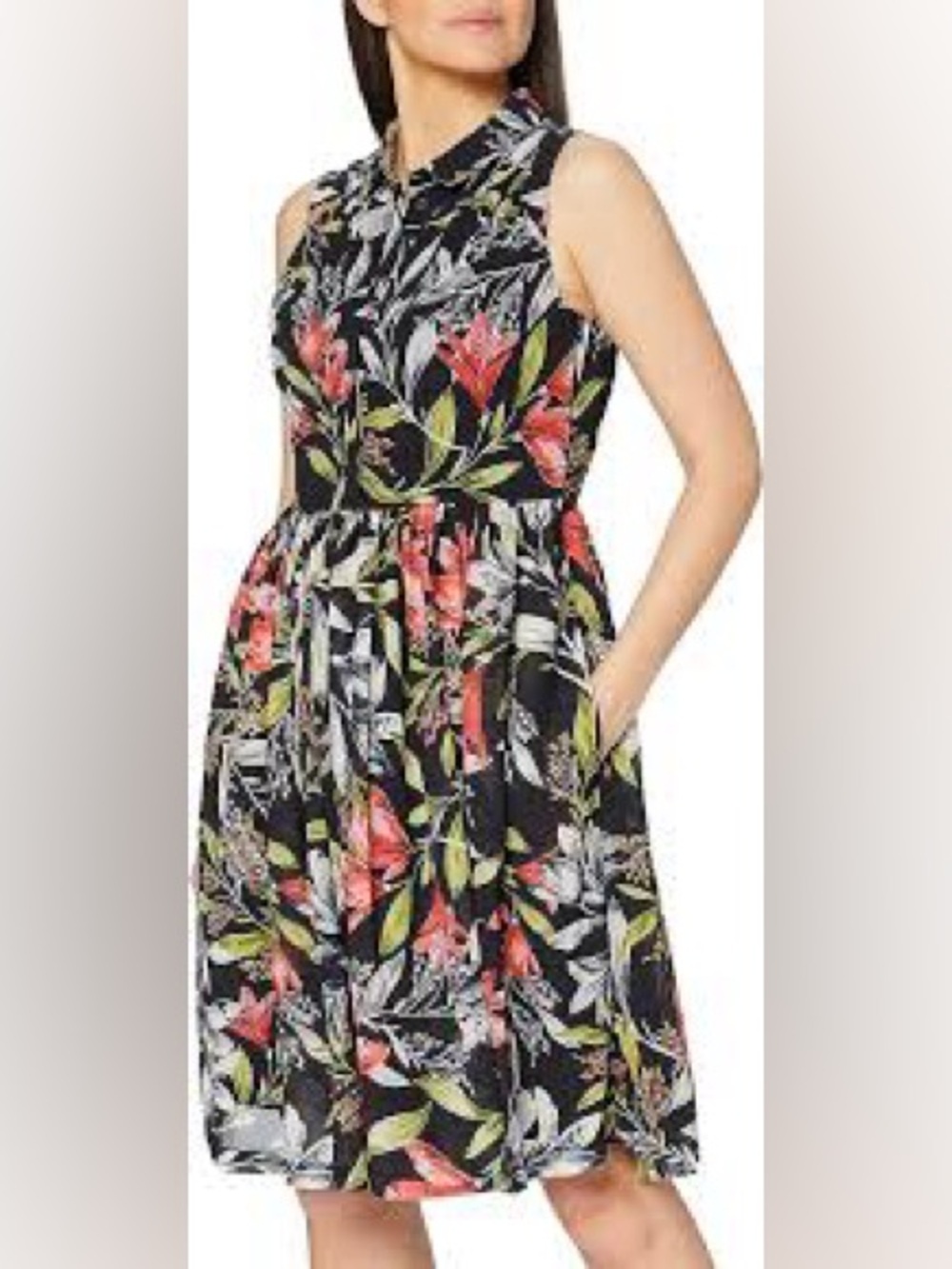 French Connection Floral Fit & Flare Dress Black Sleeveless Collared Size 10
